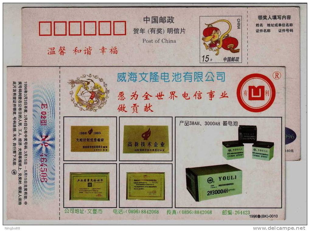 Lead Acid Battery,China 1996 Weihai High-tech Enterprise Wenlong Battery Company Advertising Pre-stamped Card - Chimie