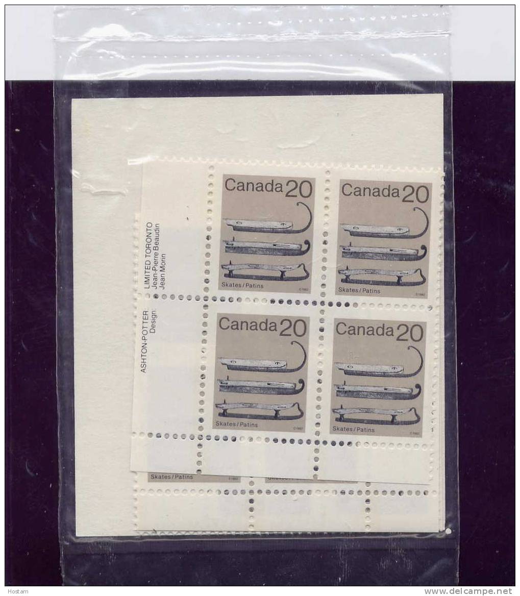 Canada 1982. # 922, LOW-VALUE DEFINITIVES:ICE SKATES,   CELLO FROM POST OFFICE - Blocks & Sheetlets