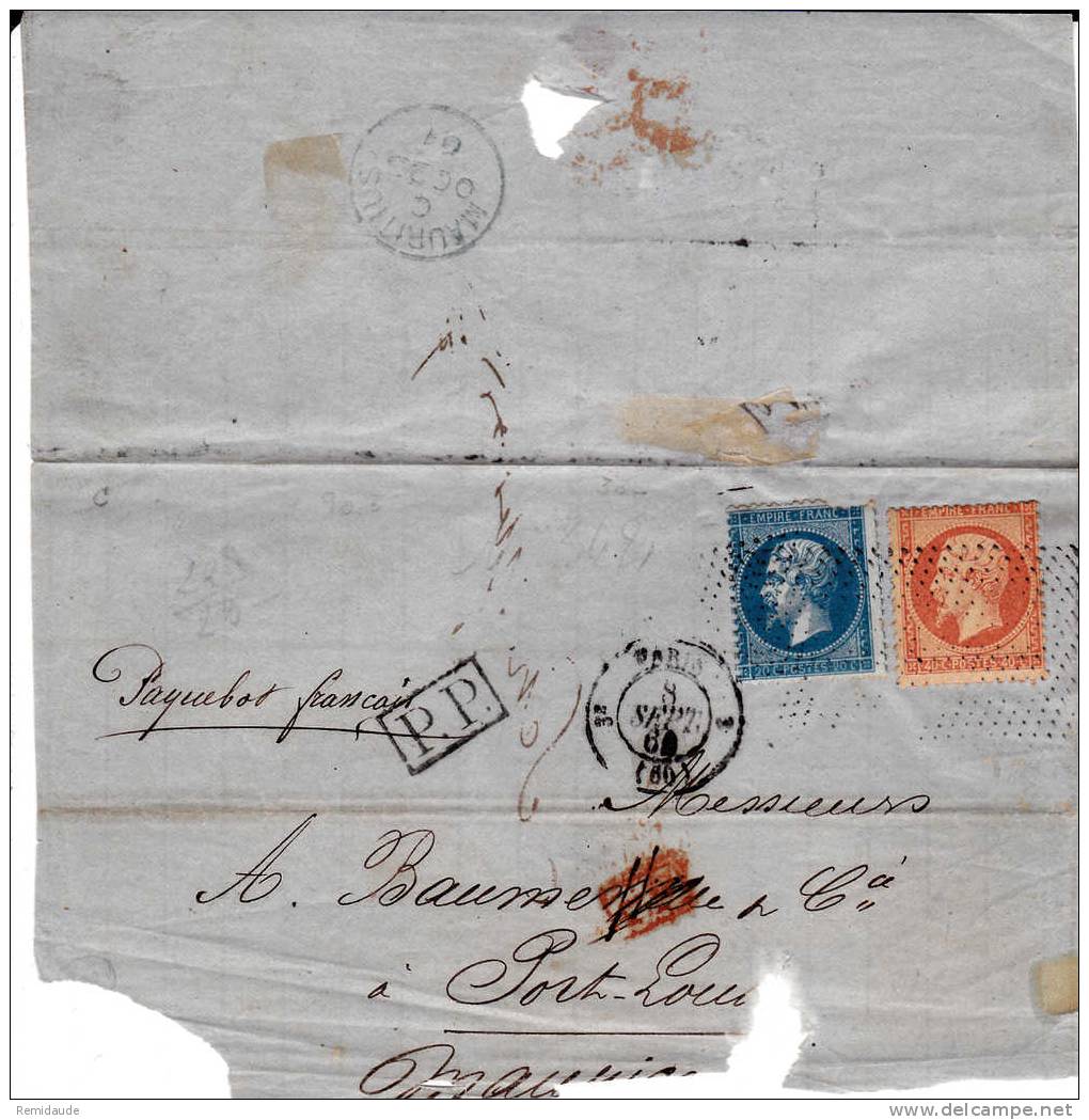 NAPOLEON III-1861-YVERT N°22+23 Sur TRES RARE FRAGMENT (MAUVAIS ETAT) Pour PORT LOUIS (MAURICE) - ROULETTE De POINTS - - 1849-1876: Classic Period