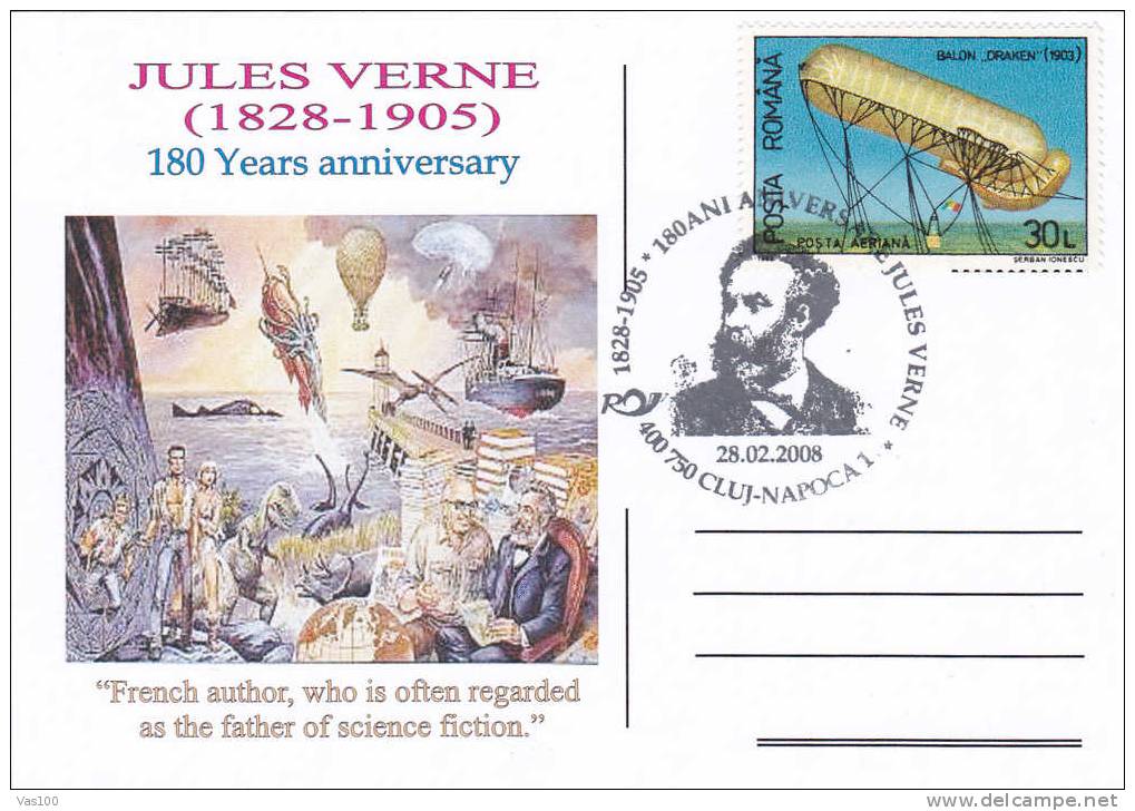 Jules Verne Oblitération 2008, Carte Postal Commemorative - Ballon, Dirigeable, Science Fiction, Balloon, Zeppelin - Zeppelins