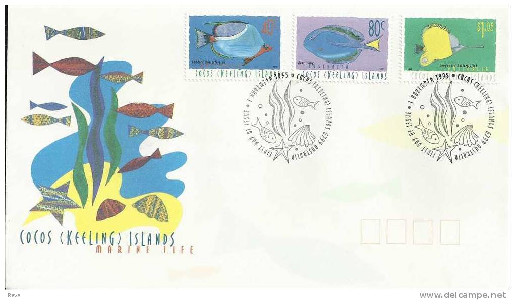 COCOS (KEELING) ISLANDS FDC MARIN LIFE FISHES SET OF 3 STAMPS DATED 01-11-1995 CTO SG? READ DESCRIPTION !! - Cocos (Keeling) Islands