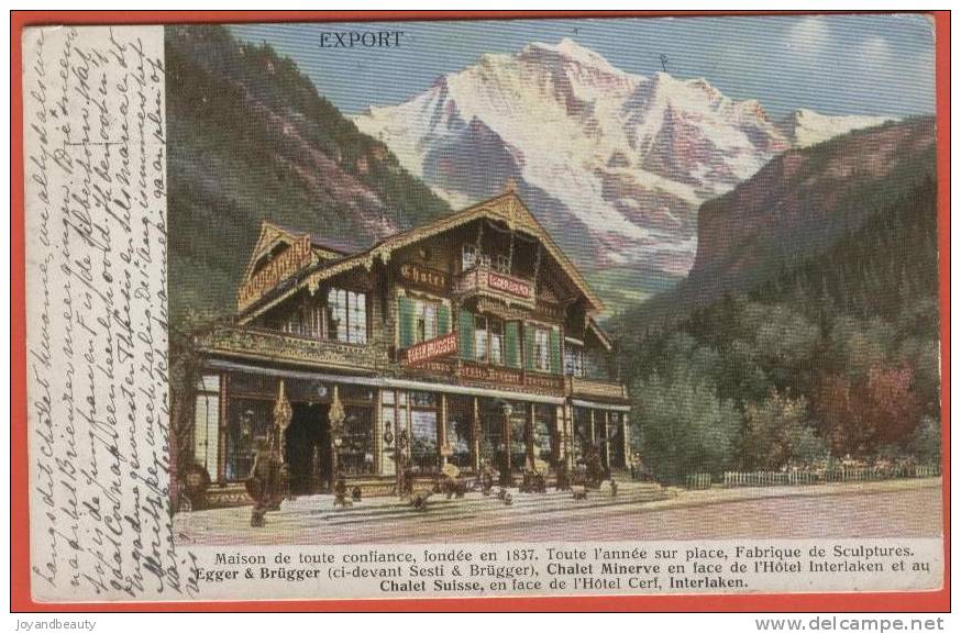 G017, Interlaken, Fabrique De Sculptures, Egger & Brugger, Chalet Minerve , Woodcarving , Circulée 1913 - Brügg