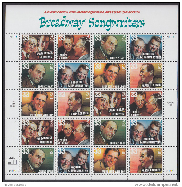 !a! USA Sc# 3345-3350 MNH SHEET(20) - Broadway Songwriters - Hojas Completas