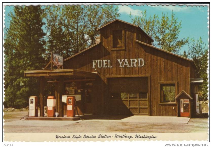 Winthrop WA Washington State Cascades, Gas Service Station Gas Pumps On C1960s/70s Vintage Postcard - American Roadside