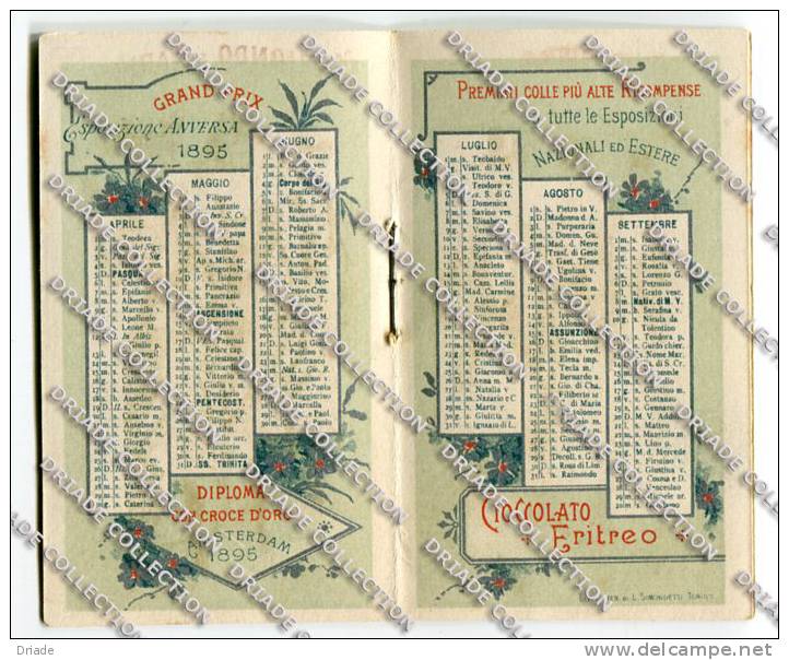 CALENDARIO PUBBLICITà CIOCCOLATO MORIONDO E GARIGLIO TORINO ANNO 1896 CALENDRIER CHOCOLAT - Tamaño Pequeño : ...-1900