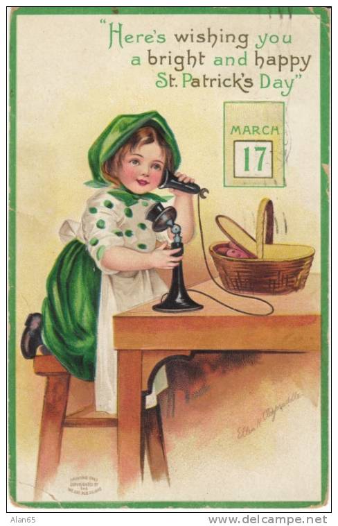 Clapsaddle Artist Signed St. Patricks Day Child On Phone, Green Dress Bonnet, On C1900s Vintage Postcard - Clapsaddle