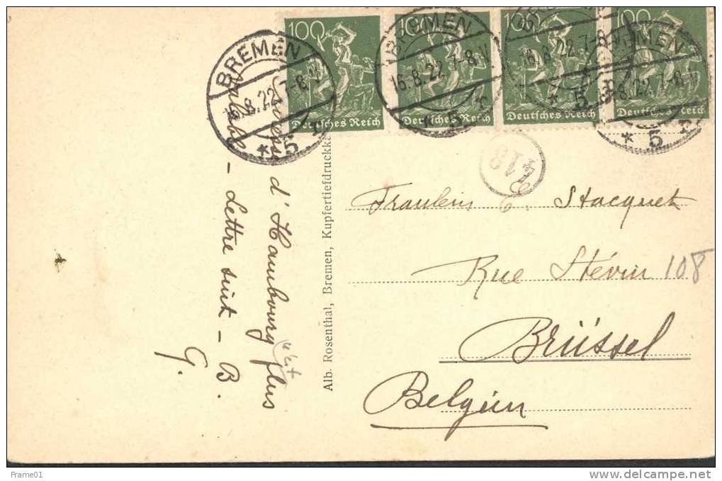 Postcard / Postkarte / Carte Postale 1922 Bremen --> Brüs,sel, 4x 100 Pf Mi 167, Delivery Mark 418 - Briefe U. Dokumente