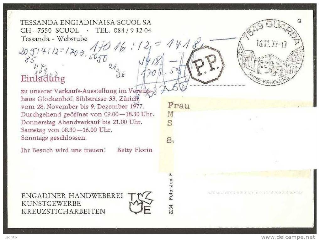 Tessanda Webstube Scuol Einladung Verkaufs-Ausstellung Engadiner Handweberei Guarda 1977 - Guarda
