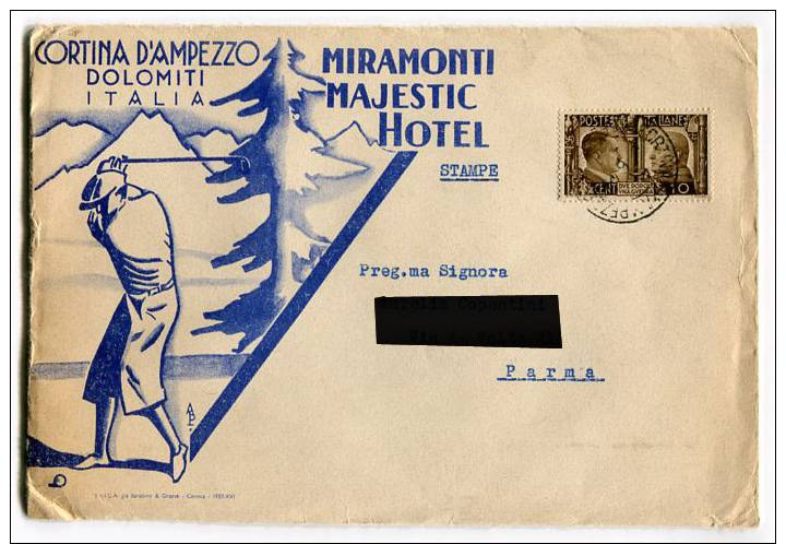 PUBBLICITà HOTEL MIRAMONTI MAJESTIC CORTINA D'AMPEZZO BELLUNO ILLUSTRATORE RAIMONDI ANNO 1934 - Advertising