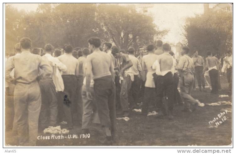 University Of Wisconsin 1910 Class Rush, Students Take Off Shirts, 1910 Vintage Real Photo Postcard, Campus Student Life - Madison