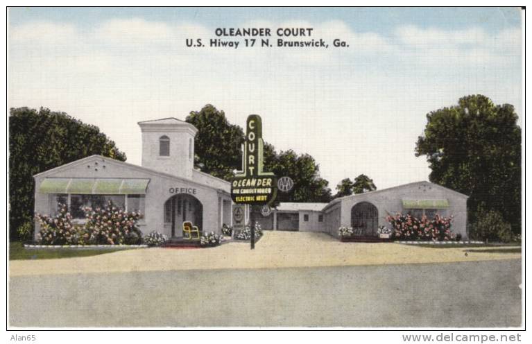 Brunswick GA Georgia, Oleander Court Motel Lodging On C1940s Vintage Linen Postcard - Autres & Non Classés