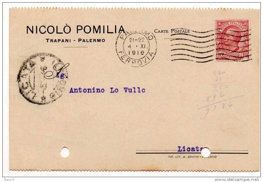 TRAPANI - PALERMO  -  "Nicolò Pomilia" FIRMA  -  Timbro Postale Palermo / Licata 4.11.1916 - Leoni Cent. 10 Isolato - Reklame