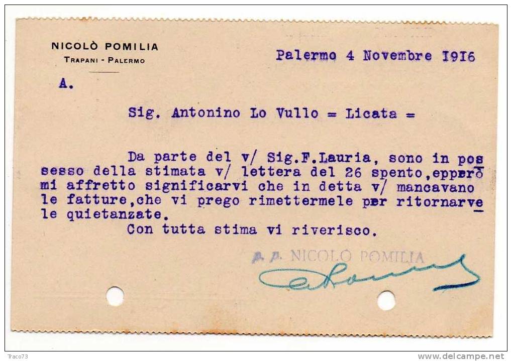 TRAPANI - PALERMO  -  "Nicolò Pomilia" FIRMA  -  Timbro Postale Palermo / Licata 4.11.1916 - Leoni Cent. 10 Isolato - Reklame