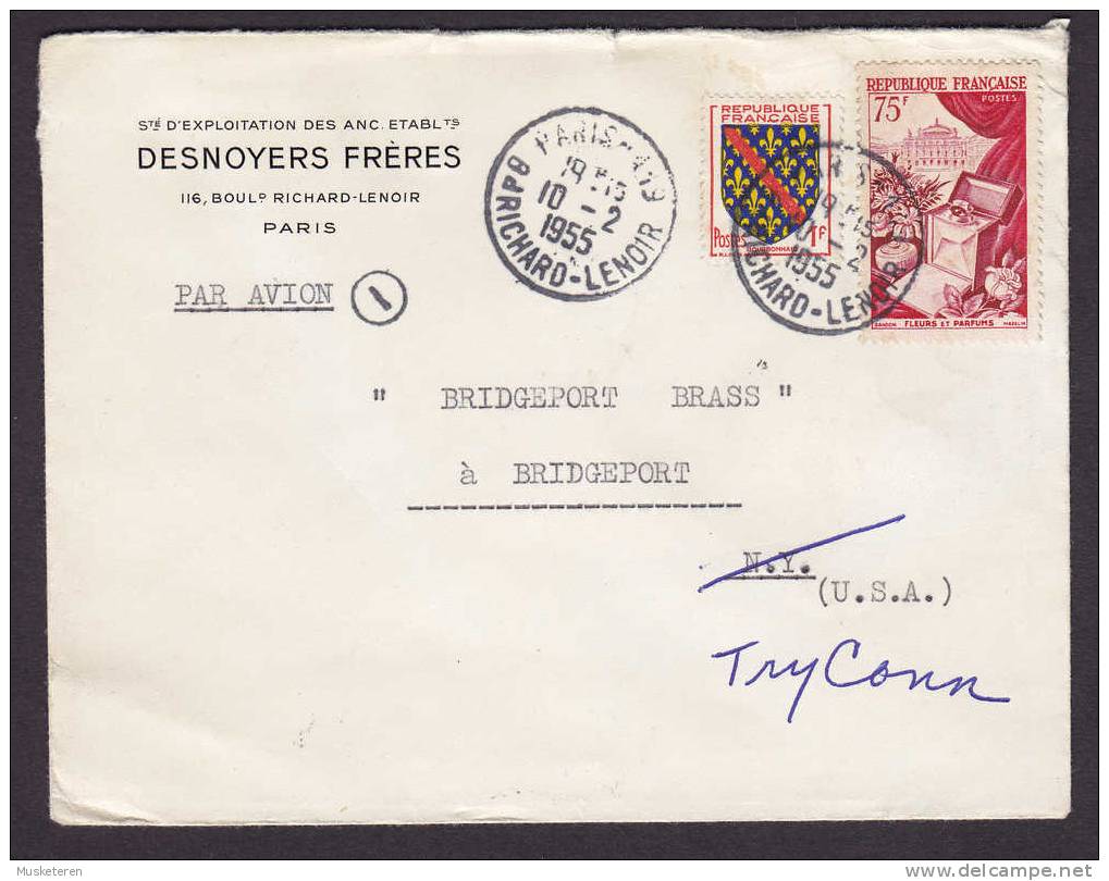 France Airmail Par Avion Sté D'Exploitation Des Anc. Etablts. DESNOYERS FRÈRES PARIS Bd Richard Lenoir 1955 Cover To USA - 1927-1959 Covers & Documents