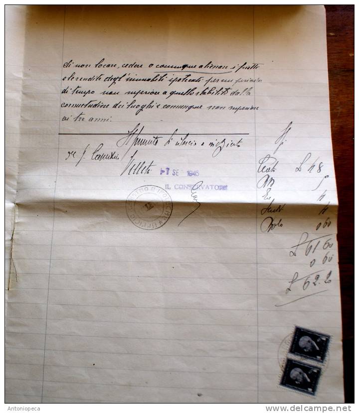 ITALIA 1945 -2 MARCHE DA BOLLO SU  DOCUMENTO ORIGINALE - Fiscaux