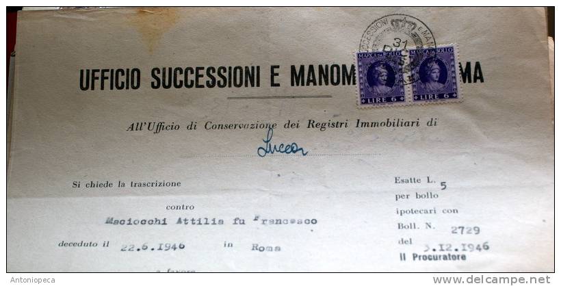 ITALIA 1946 -2 MARCHE DA BOLLO SU  DOCUMENTO ORIGINALE - Fiscales