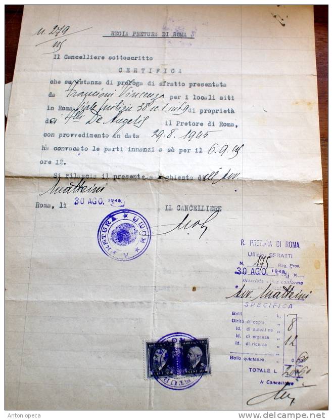 ITALIA 1945 -2 MARCHE DA BOLLO SU  DOCUMENTO ORIGINALE - Revenue Stamps