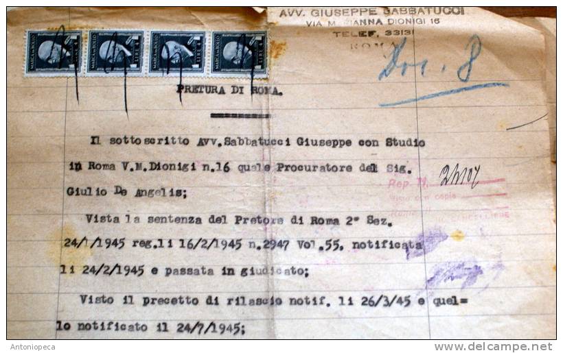 ITALIA 1945 -4 MARCHE DA BOLLO SU  DOCUMENTO ORIGINALE - Steuermarken