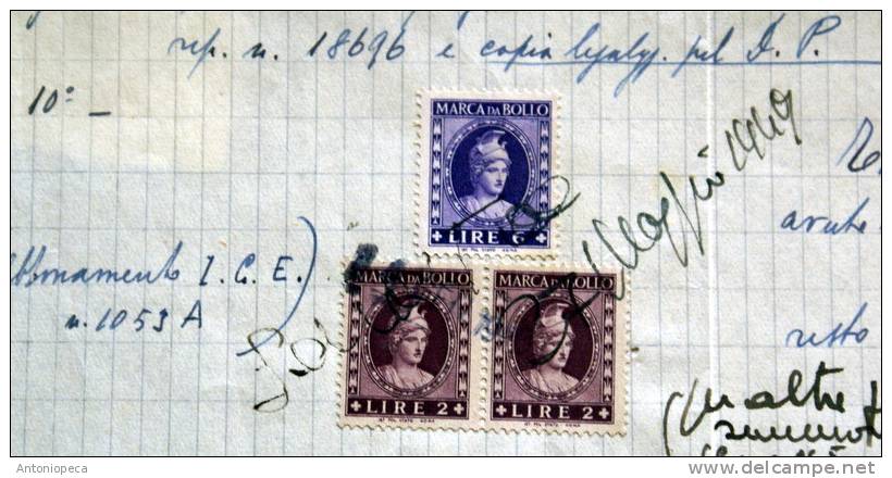 ITALIA 1949 -3 MARCHE DA BOLLO SU  DOCUMENTO ORIGINALE - Revenue Stamps