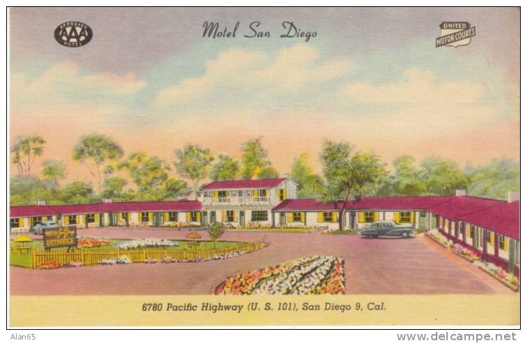 Motel San Diego, Lodging, Pacific Highway US 101, On C1940s/50s Vintage Linen Postcard - San Diego