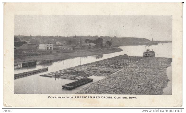 Clinton IA Iowa, Greetings Compliments Of Red Cross WWI, Riverboat Barge On C1910s Vintage Postcard - Other & Unclassified