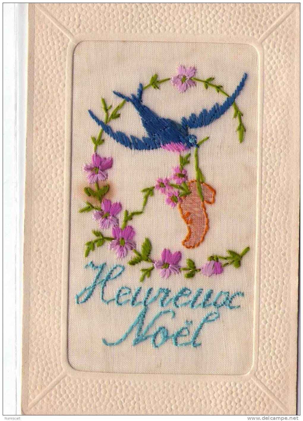 Belle Carte Brodée.."Heureux Noël"..fleurs..oiseau - Brodées