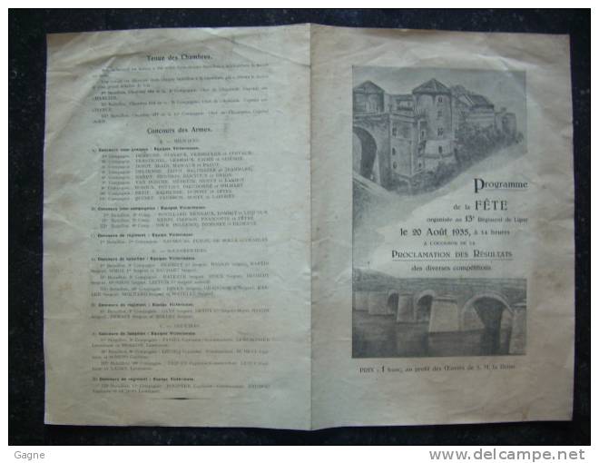 11F - Programme Fête 13ème Régiment De Ligne à Namur Jambes 1935 Vendu Au Profit Oeuvres De S.M. La Reine - Programmes