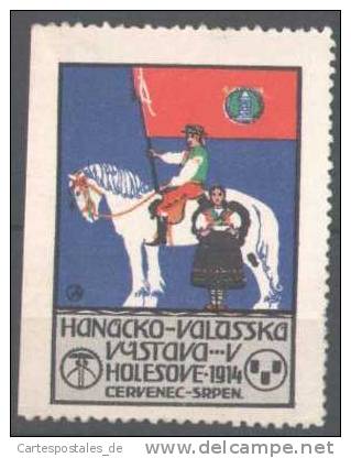 Vignette Hanacko Valasska Vystava Holesove 1914, Reiter Mit Fahne, Frau In Tracht, Wappen - Erinnofilia