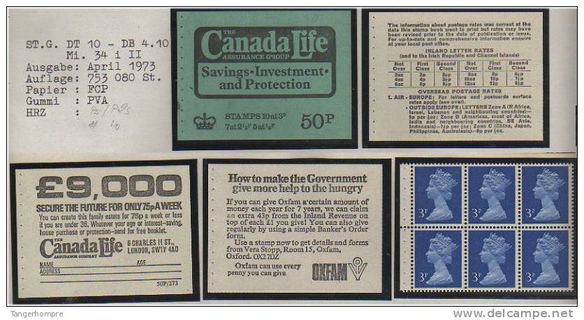 Grossbritannien - April 1973, 50 P Markenheftchen Mi. Nr. 34 I II. Stanley Gibbons Nr. DT 10 - Booklets