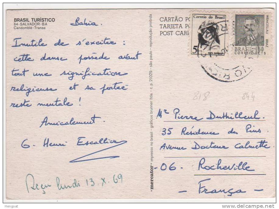 Yvert , Timbres N° 818 , 844 / Carte De 1969 , Salvador BA  : Candombié Transe , 2 Scans - Covers & Documents