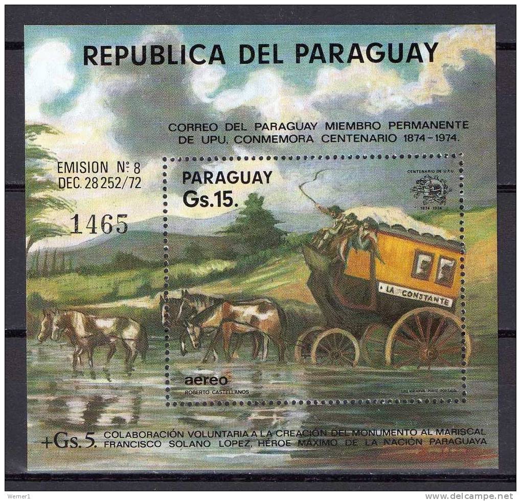 Paraguay 1974 UPU Centenary, Stagecoach S/s MNH - U.P.U.