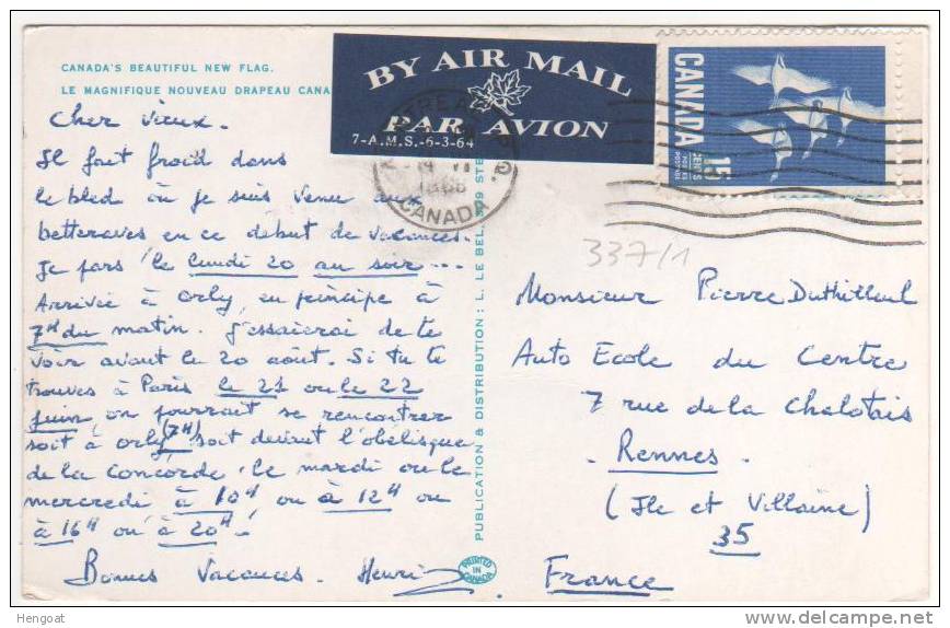 Yvert , Timbre N° 337, " Oiseaux "  / Carte , Postcard De 1968  Pour La France, 2 Scans - Lettres & Documents