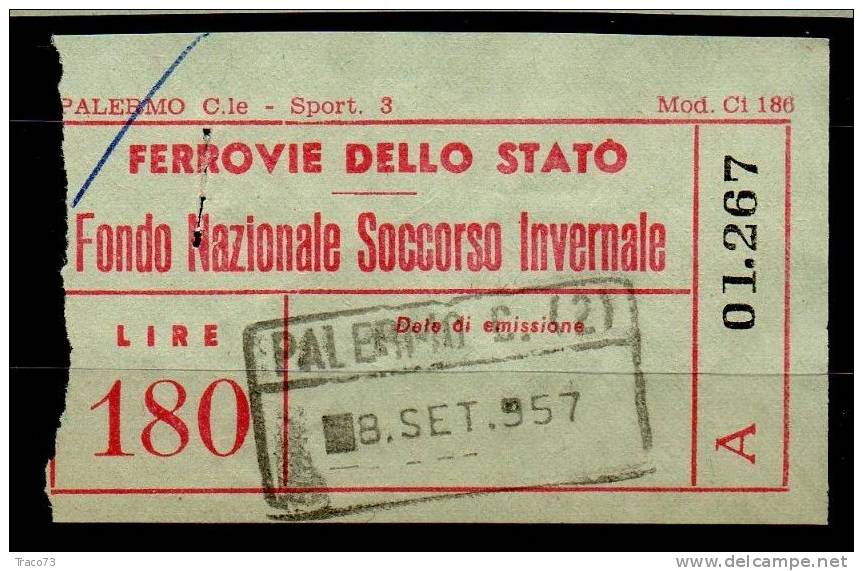 FERROVIE DELLO STATO   /   PALERMO CENTRALE - FONDO NAZIONALE SOCCORSO INVERNALE - Lire 180 - Europa