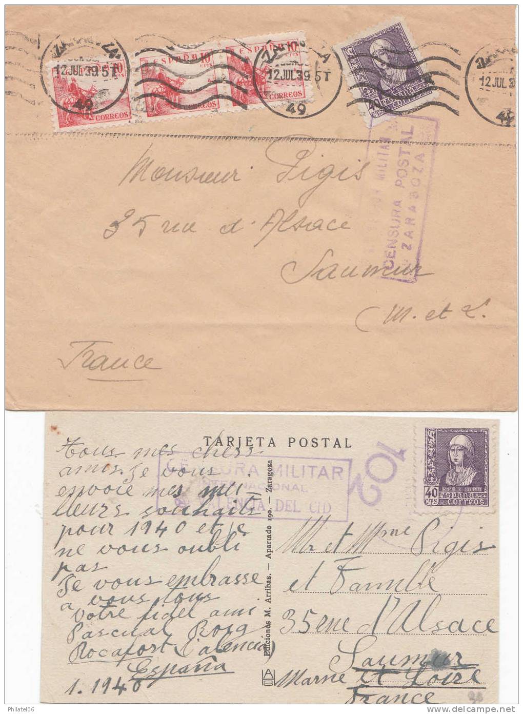 LETTRE ET CARTE AVEC CENSURES  GUERRE D'ESPAGNE - Nationalistische Censuur