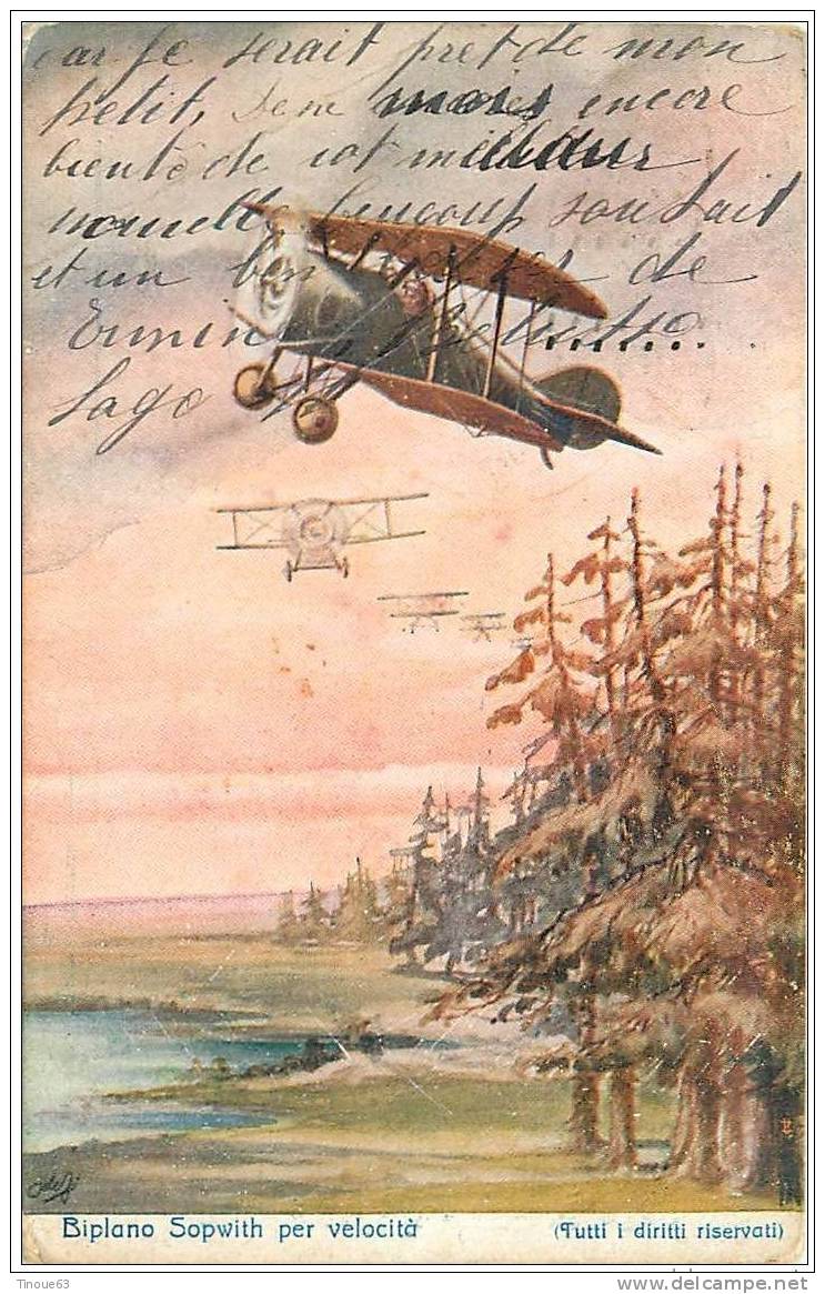 Carte Italienne Dessinée - Biplan Sopwith Per Velocità - Biplan Sopwith Pour La Vitesse (Aviation, Avion) - 1914-1918: 1st War
