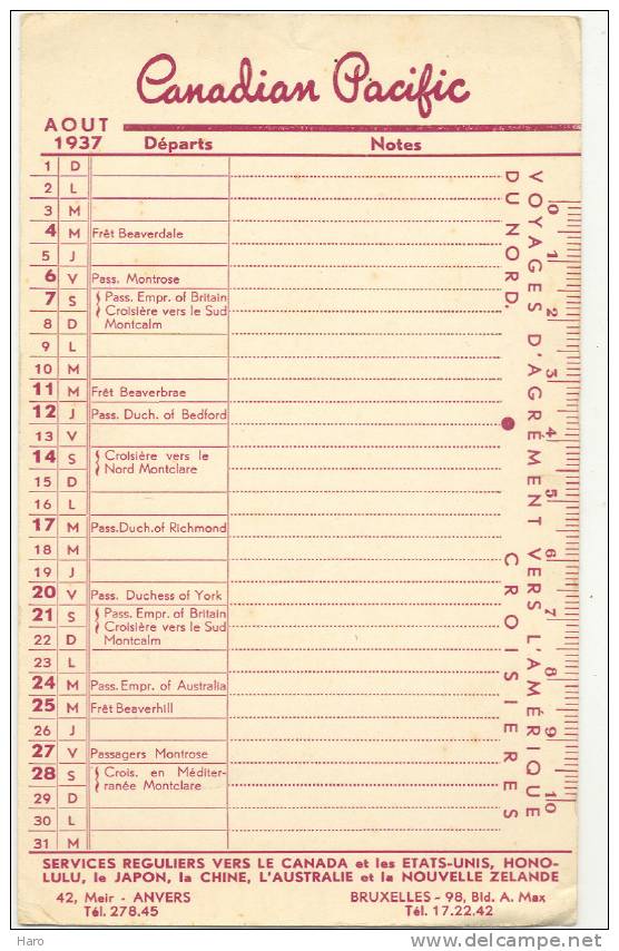 Buvard - Canadian Pacific  Avec Les Départs Pour Août 1937 (sf38) Bateaux - Anvers - Antwerpen - Paquebots - Transport