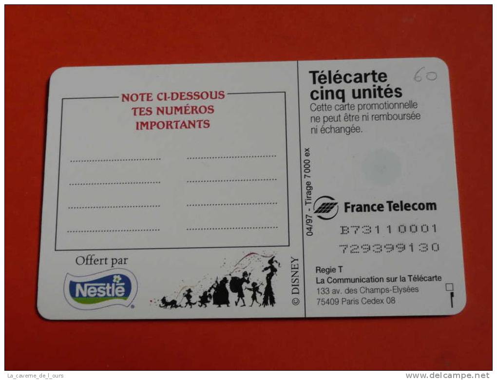 Carte Téléphone, Télécarte Privé/publique Française Cinq 5 Unités, Le Bossu De Notre Dame, Disney Nestlé, 1997, 7000 Ex - 5 Eenheden