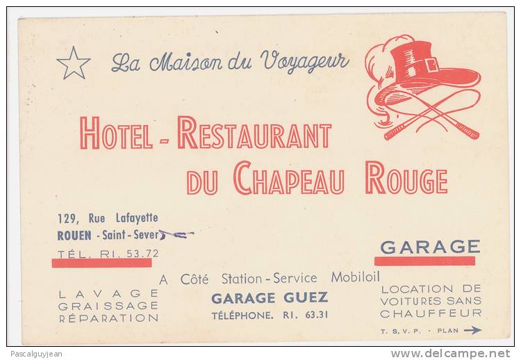 CARTE DE VISITE HOTEL RESTAURANT DU CHAPEAU ROUGE - ROUEN - Cartes De Visite