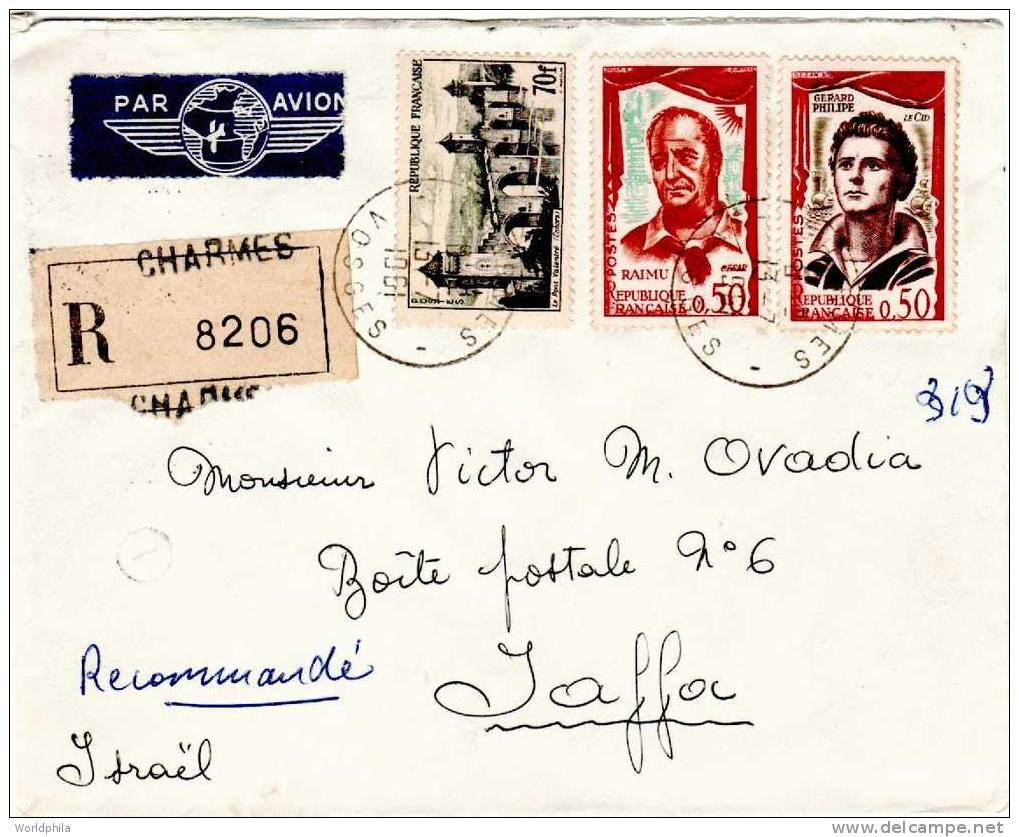 République Française / France, Charmes -Israel, Jaffa, "French Actors+", Registered / Reco.  Cover 1961 - Brieven En Documenten