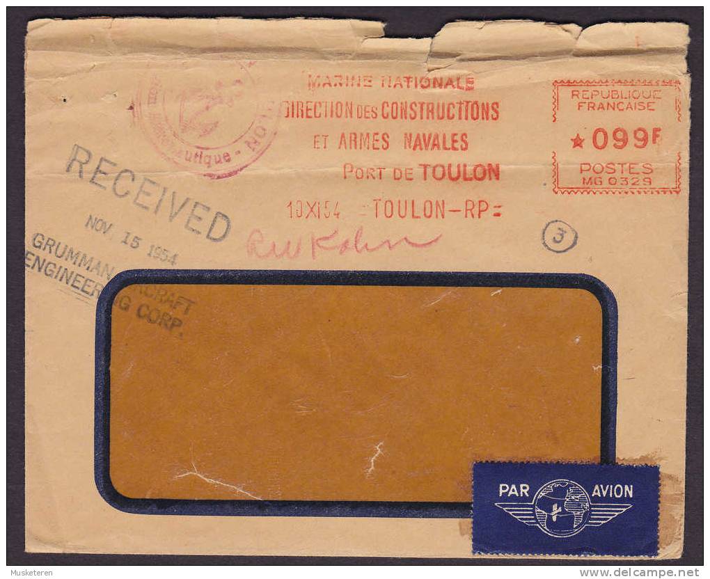 France Par Avion Label MG 0329 Meter Stamp Cover 1954 Marine Nationale Direction Construtions Armes Navales Port TOULON - Posta Marittima