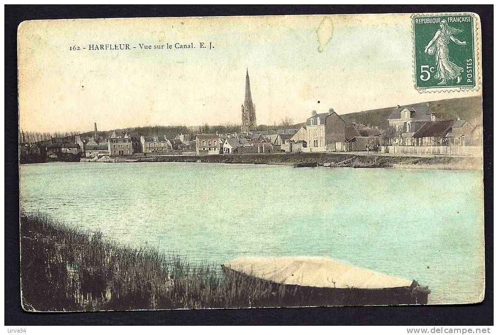 CPA  ANCIENNE- FRANCE- HARFLEUR (76)- VUE SUR LE CANAL EN GROS PLAN COLORISÉ- LE CLOCHER- BARQUE GROS PLAN - Harfleur