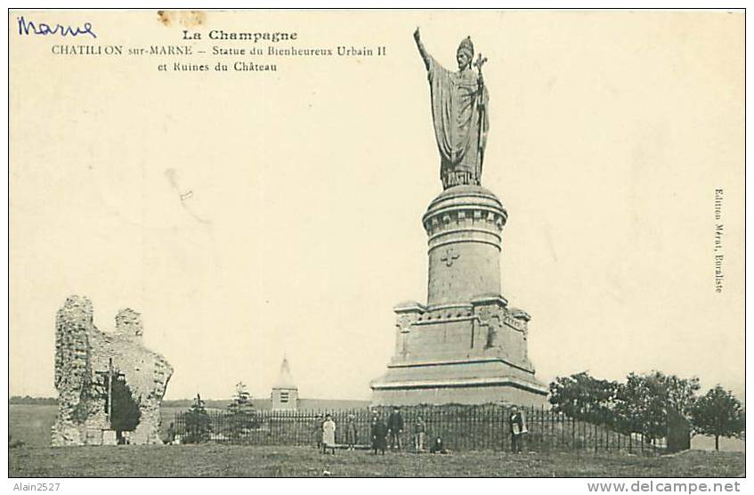 51 - CHATILLON-sur-MARNE - Statue Du Bienheureux Urbain II Et Ruines Du Château (Ed. Mérat) - Châtillon-sur-Marne