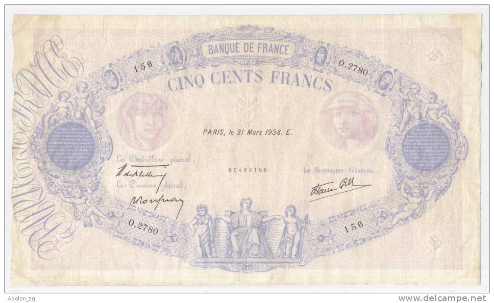 FRANCE:   500 Francs 31.3.1938 VF+ *P-88   LARGE SIZE BAKNOTE. - 500 F 1888-1940 ''Bleu Et Rose''