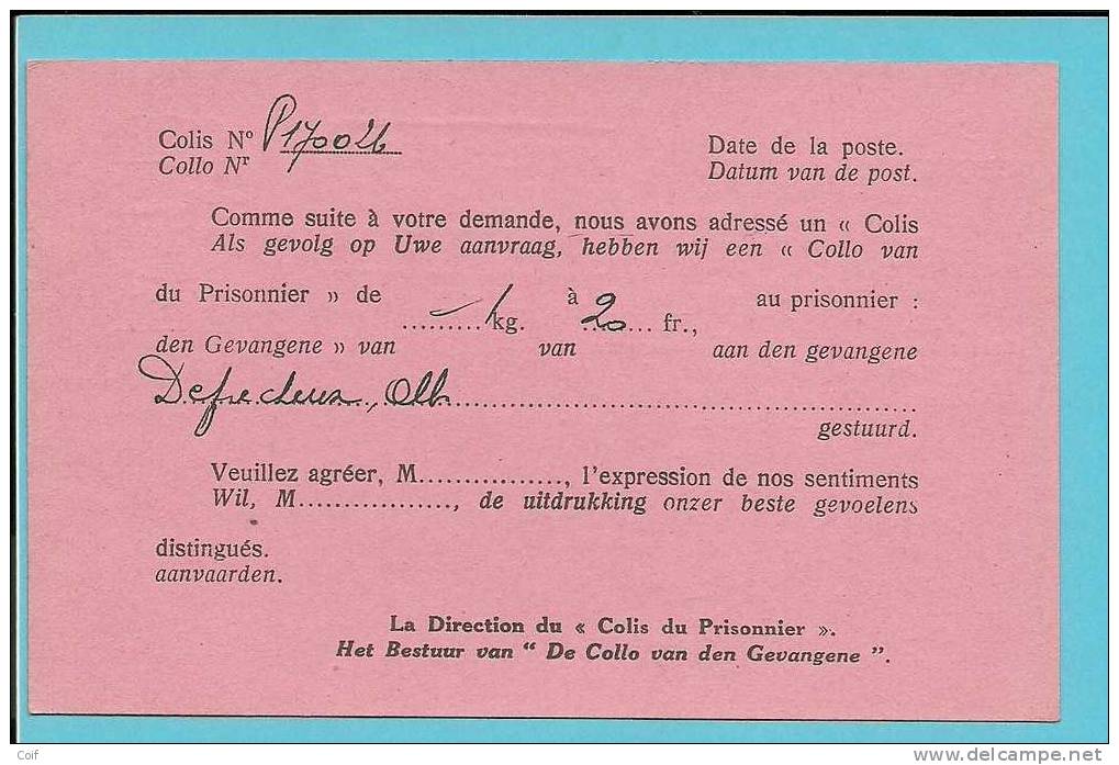 CP En Franchise CROIX-ROUGE De BELGIQUE "Le Colis Du Prisonnier" Obl. Mécanique BRUXELLES 1 Du 19/04/1941 Vers Liege - Guerre 40-45 (Lettres & Documents)
