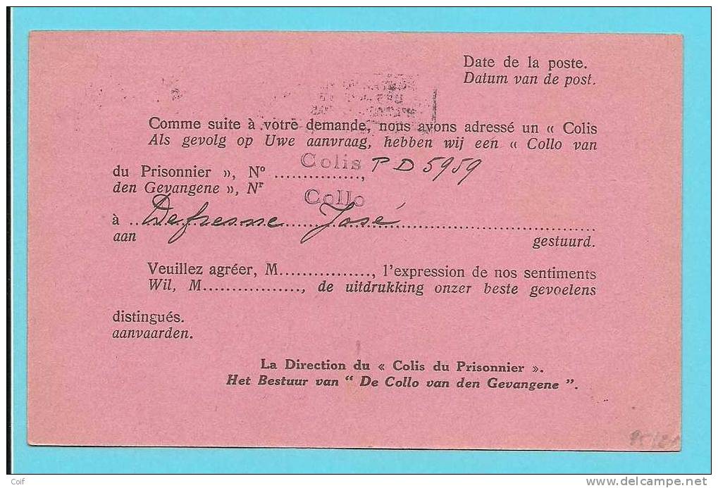 CP En Franchise CROIX-ROUGE De BELGIQUE "Le Colis Du Prisonnier" Obl. Mécanique BRUXELLES 1 Du 21/02/1941 Vers Liege - Oorlog 40-45 (Brieven En Documenten)