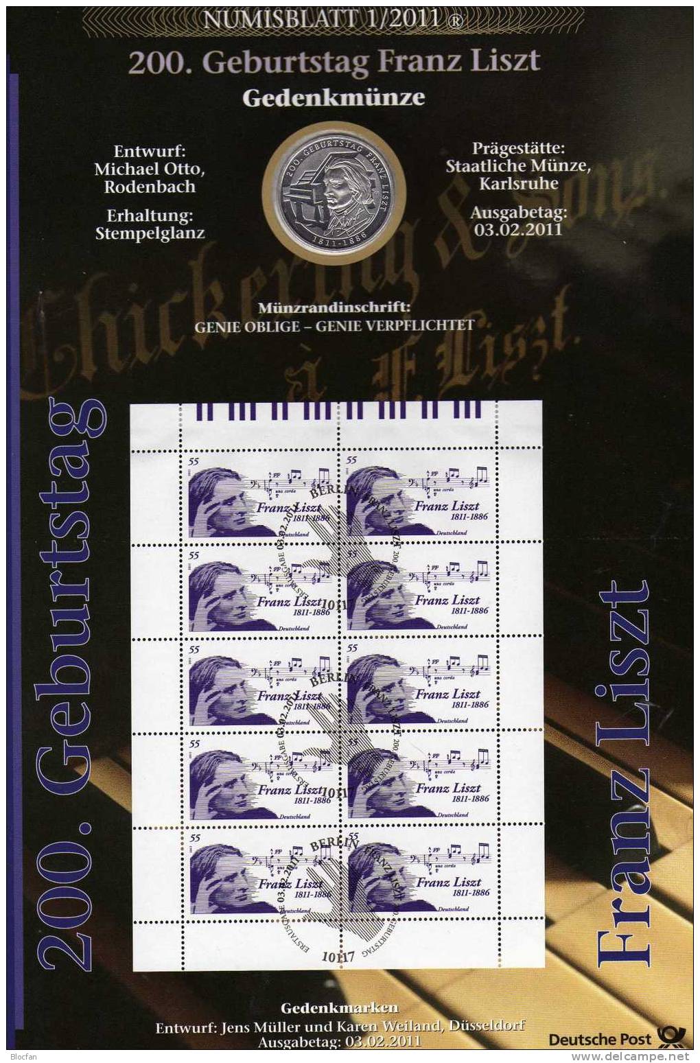 Pianist Liszt Numisblatt 1/2011 Mit 2846 10-Kleinbogen SST 37€ Porträt Des Musiker Noten Komponist Aus Ungarn Austria - Brieven En Documenten