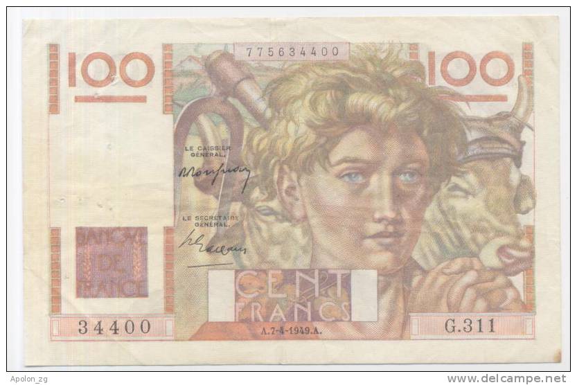 FRANCE: 100 Francs 7.4.1949 VF/XF  JEUNE PAYSANT - 100 F 1945-1954 ''Jeune Paysan''