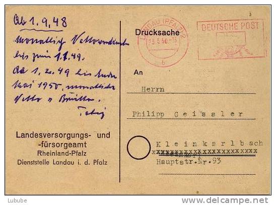 Drucksachen-PK  "Landesversorgungsamt Landau Pfalz"         1950 - Lettres & Documents