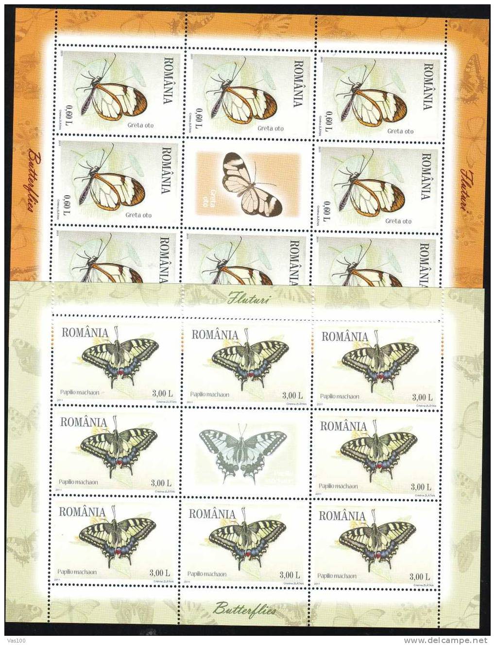 Papillons Butterflys 2011 Minisheet 6X 8 Stamps + Labels! MNH Romania. - Feuilles Complètes Et Multiples