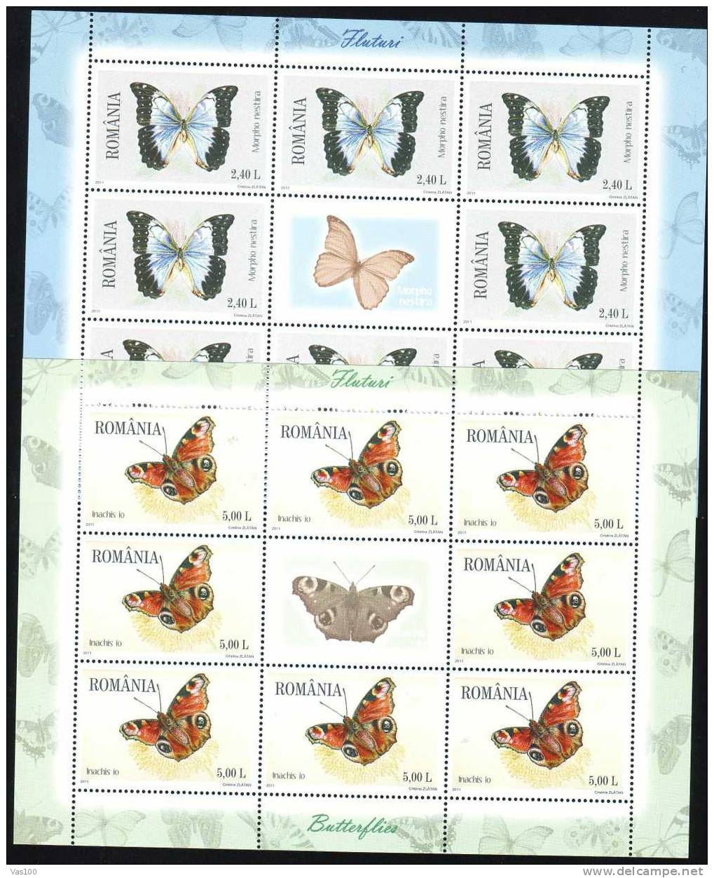 Papillons Butterflys 2011 Minisheet 6X 8 Stamps + Labels! MNH Romania. - Feuilles Complètes Et Multiples